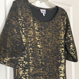 Lularoe gray dress with gold metallic foil design -  midi short sleeve